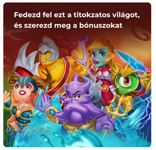 Fedezd fel a titokzatos világot és élvezd a kalandokat az online kaszinóban. Színes illusztráció kalandos kaszinó karakterekkel – harcos, tengeri lény, mágikus hősök és egy szemű figura.