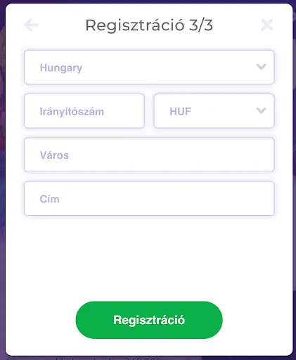 Online kaszinó regisztrációs űrlap, 3/3 lépés – ország, irányítószám, pénznem, város és cím megadása.