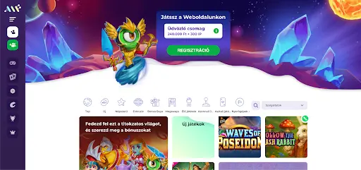 „ALF Casino Magyarország kezdőoldal – Űrbeli kalandok és kaszinó játékok magyar nyelven „Űr témájú online kaszinó kezdőlap – ALF Casino Magyarország, regisztráció gombbal és üdvözlő csomag ajánlattal, színes űrbeli háttérrel és karakterekkel