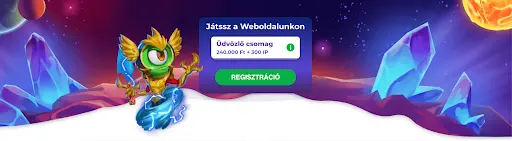 ALF Casino üdvözlő csomag regisztráció. Rajzolt űrjelenet, kristályok és bolygók hátterében arany sisakos, zöld szemű karakter, mellette felirat
