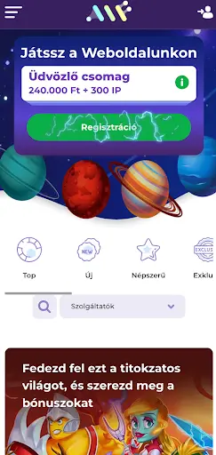 ALF Casino Magyarország mobil főoldal. Mobil nézet ALF Casino főoldal regisztrációs ajánlattal.