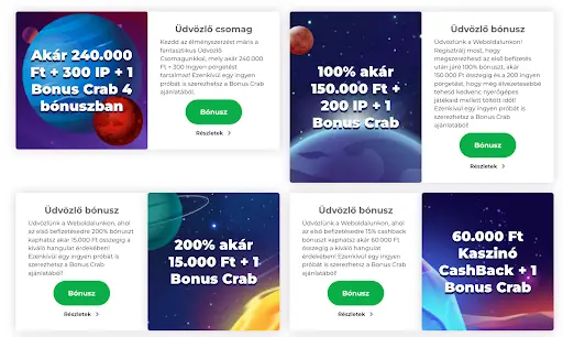 Online kaszinó üdvözlő ajánlatok és speciális promóciók játékosok számára. Üdvözlő ajánlatok az online kaszinóban – különböző csomagok, ingyenes pörgetések és Cashback lehetőségek színes űrtematikájú grafikákkal.
